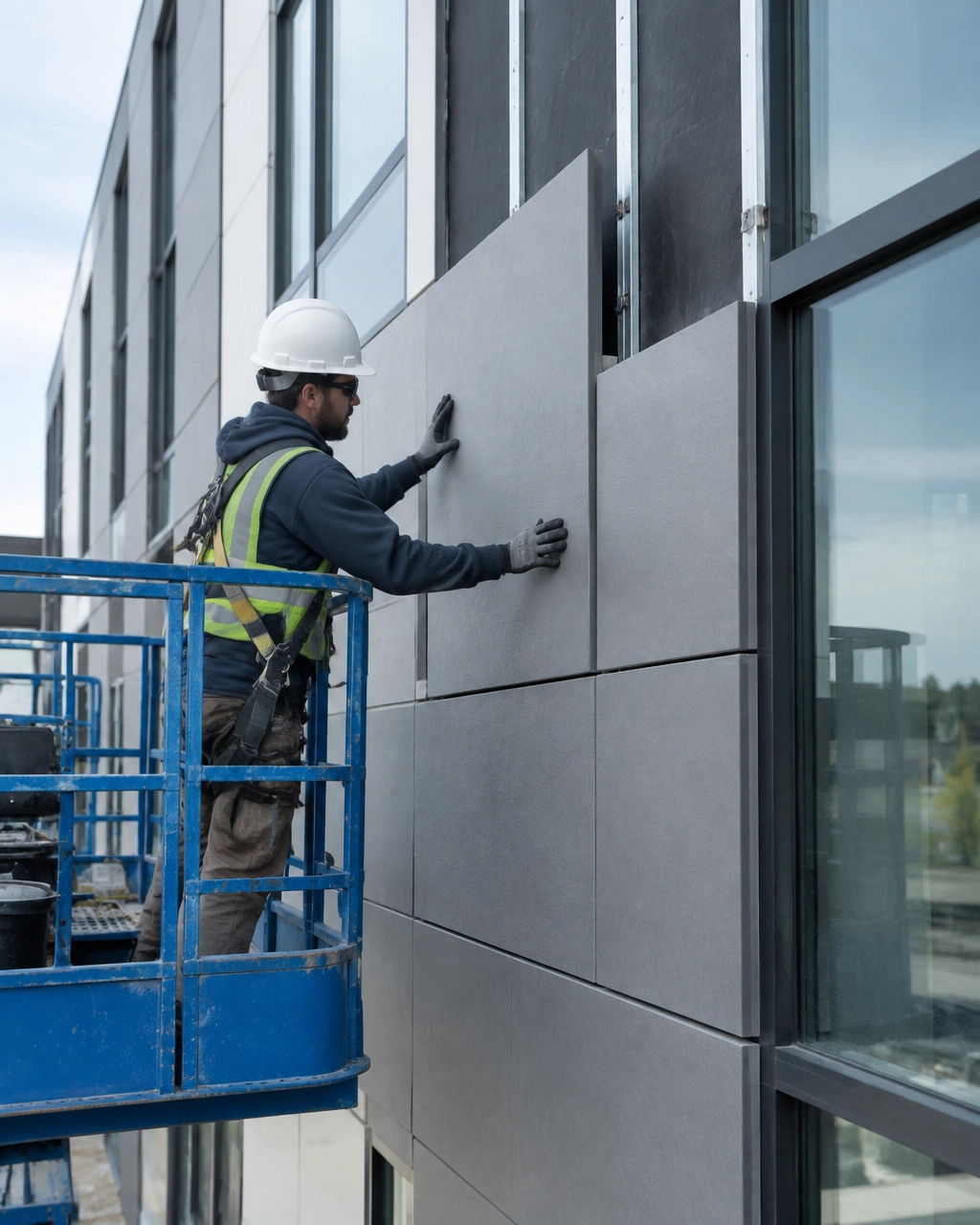 Craftsperson installing exterior building cladding
