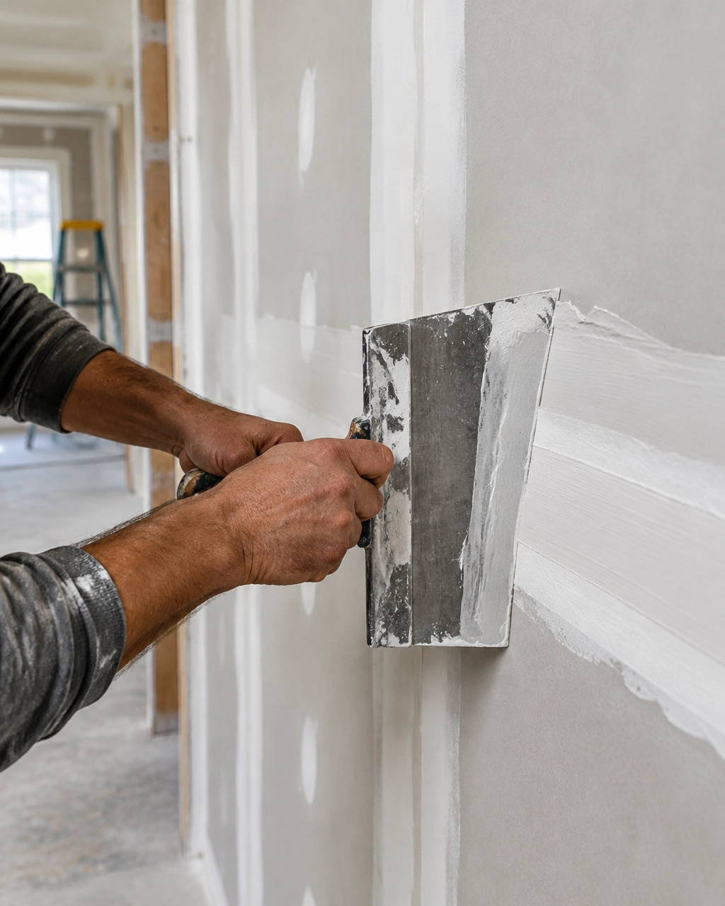 Drywall finisher smoothing a taped seam